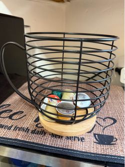 Coffee Pod Holder Metal Wire Basket with Wooden Base & Handles for Coffee Capsules Countertop Storage