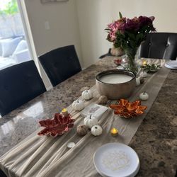 Marble Dining Room Table With Leather/Wood Chair, Chairs