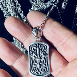 Chrome Hearts Style Steel Dog Tag 925 Pendant (1.25” x .75”)  with 24” Link Chain Necklace