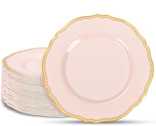 30pcs Pink Plastic Plates - Pink and Gold Disposable Dinnerware with Gold Rim, Heavy-duty, 10 inch, Dinner Plates for Party & Wedding