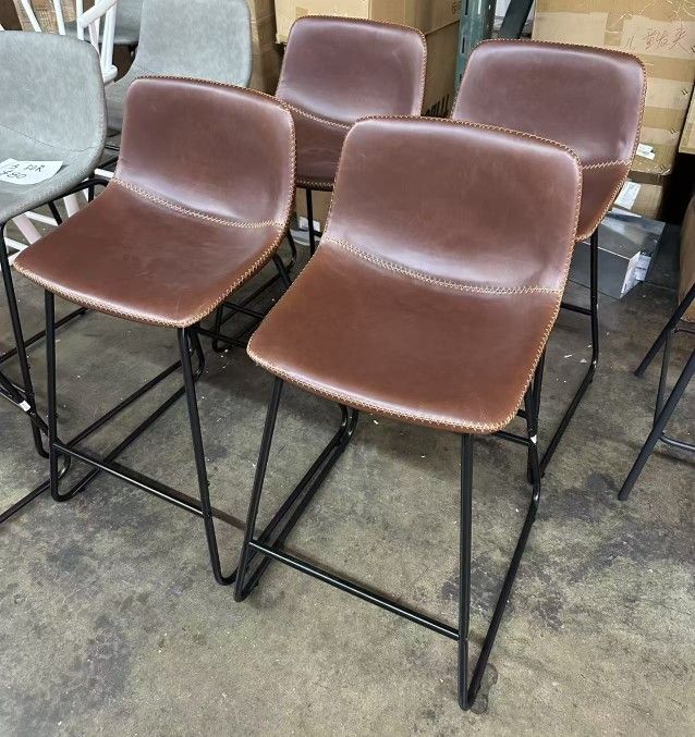 New assembled set of 4, 24 in. Whiskey Brown Faux Leather Bar Stool Low Back Metal Frame Counter Height Bar Stool