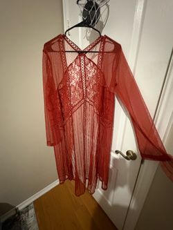 Red lace sheer cover up with floral embroidery, Size M #beachwear #coverup