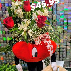 Bad Bunny Plushie And Fresh rose Arrangements 