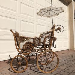 Small Antique Iron Wicker Rattan Baby Carriage With Umbrella 