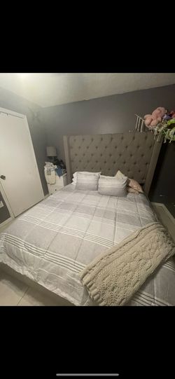 Gray Upholstered King Size Bed Frame