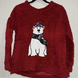 Time and Tru Red Sequin Polar Bear Christmas Fleece Sweater/Sweatshirt Sz M