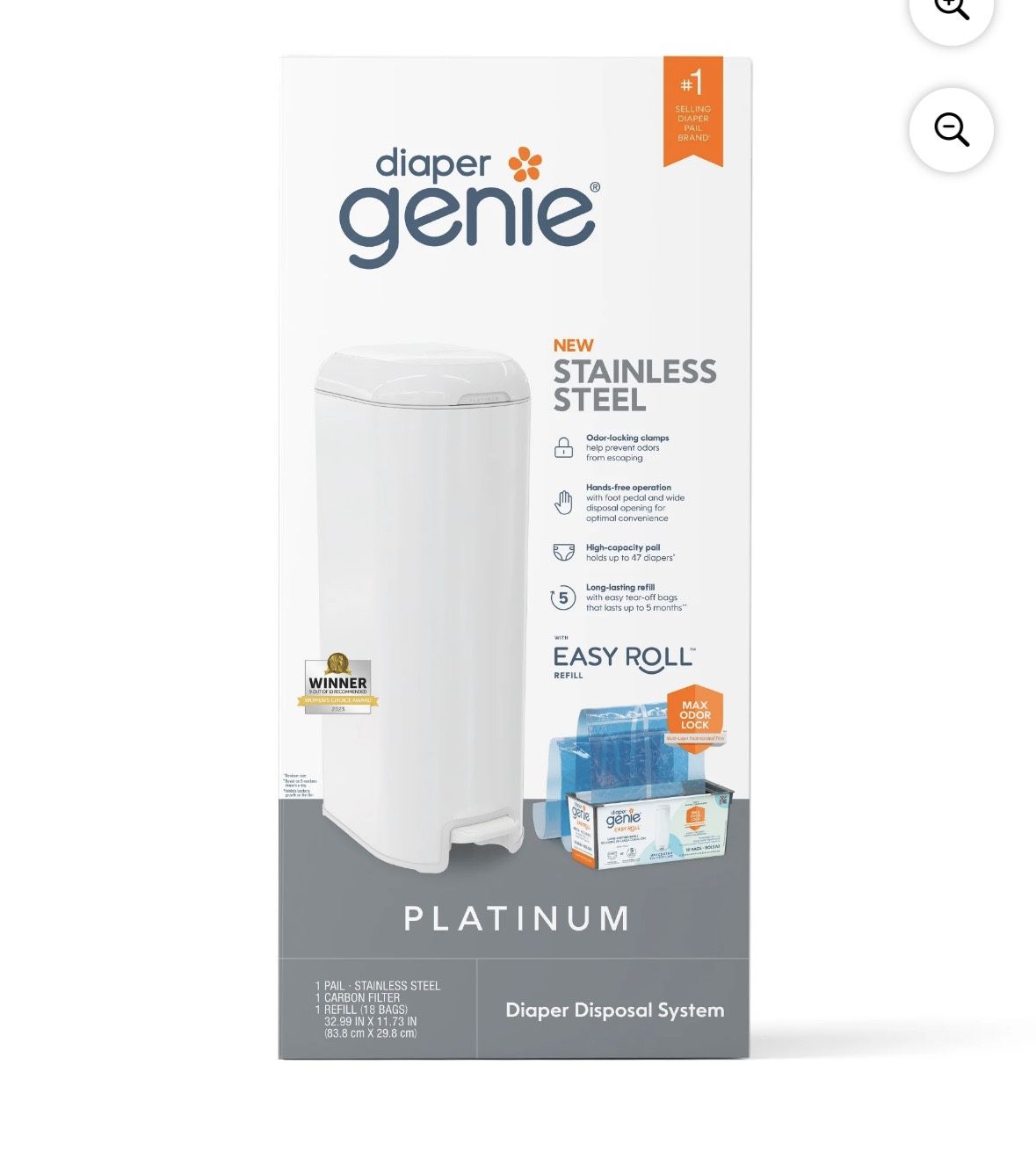 Diaper Genie Platinum Pail,White,Stainless Steel, 1 Diaper Pail,1 Easy Roll 18 Bags, Infant