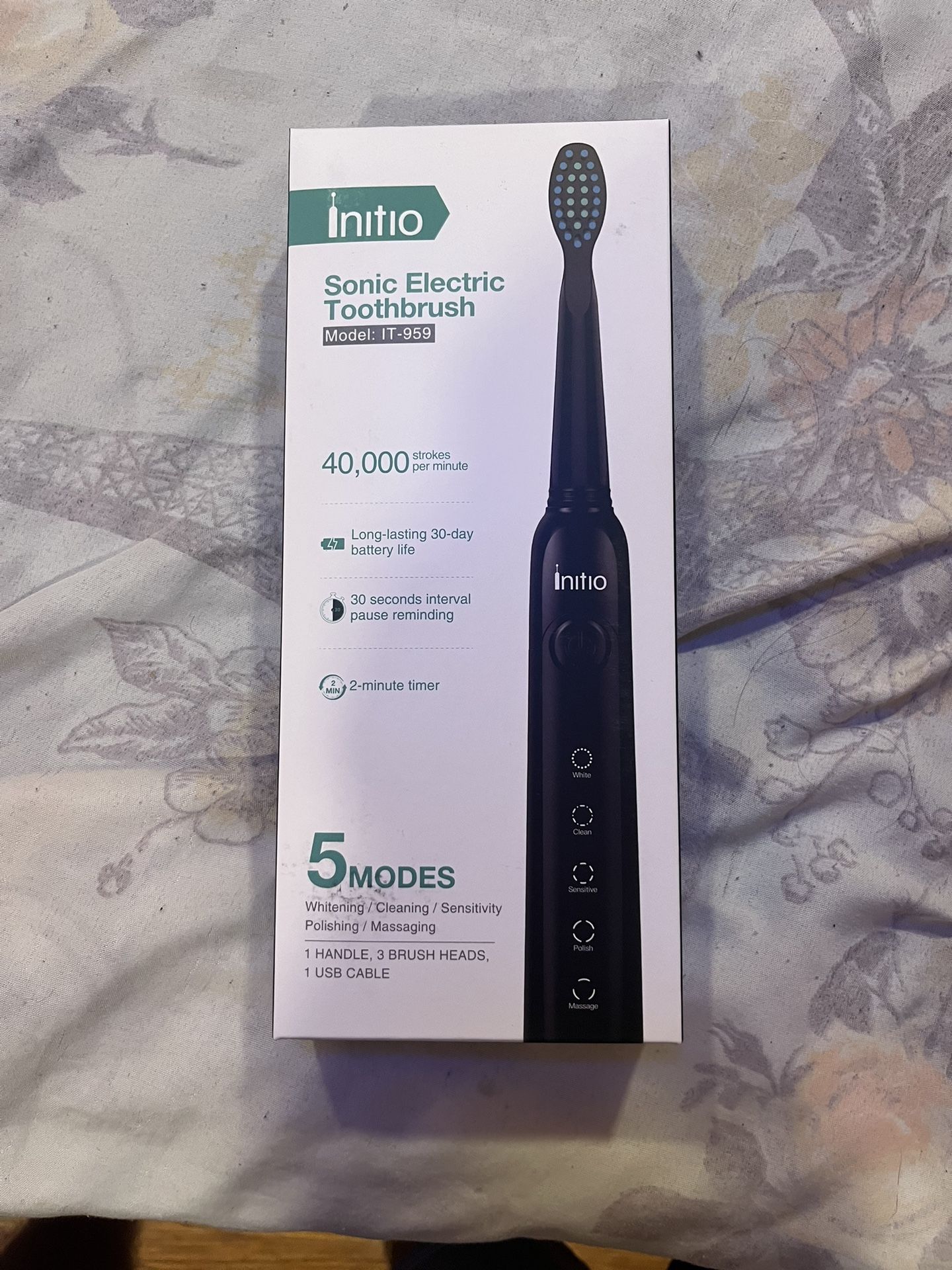 Initio Sonic Electric Toothbrush for Adults, Rechargeable Toothbrush with Smart Timer, 5 Modes, 3 Brush Heads, 40,000 VPM Motor, Whitening Power Tooth