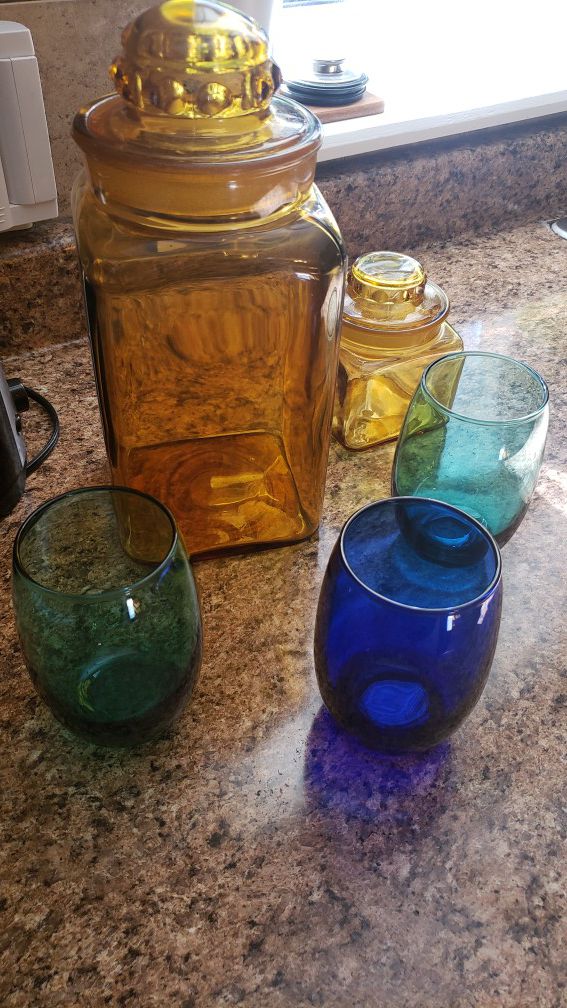 Vintage Amber glass canisters and wine glasses.