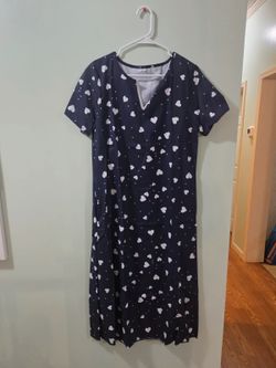 Navy Blue White Heart Print V-Neck Short Sleeve Midi Dress XL