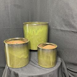 Tropical Green Ceramic Planters-Glazed Ceramic Cylinder Pots.  L-8”wide x 8”tall $20 M-6.50”wide x 6.50”tall $15 S-5.25”wide x 5.25”tall $10   Pick up