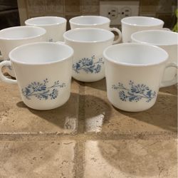 8-CORELLE CORNING COLONIAL MIST Milk Glass Coffee Mug Tea Cup Blue White Floral