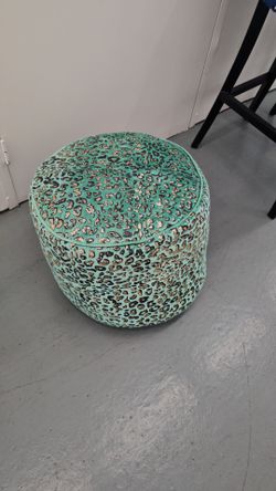 Turquoise Leopard-Print Round Ottoman with Firm Cushion