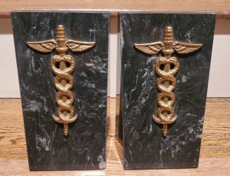 Gatco - Vintage Caduceus Bookends - Marble w/Brass Design Rod Of Asclepius - Medicine Themed (8.25"H x 5"W x 2.5"D) - Black