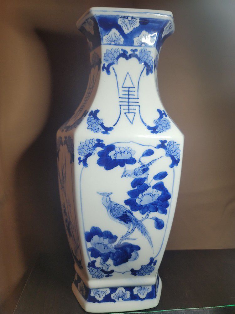 Vintage Blue and White Hand Painted Hexagon Vase