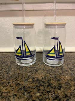Sailboat Glass Can Cups with Lids and Straws – Set of 2