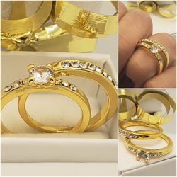 14k Gold plated Set 2 Rings Crystal stone, Size 6.5 Each set contains 2 Rings, NEW #937
