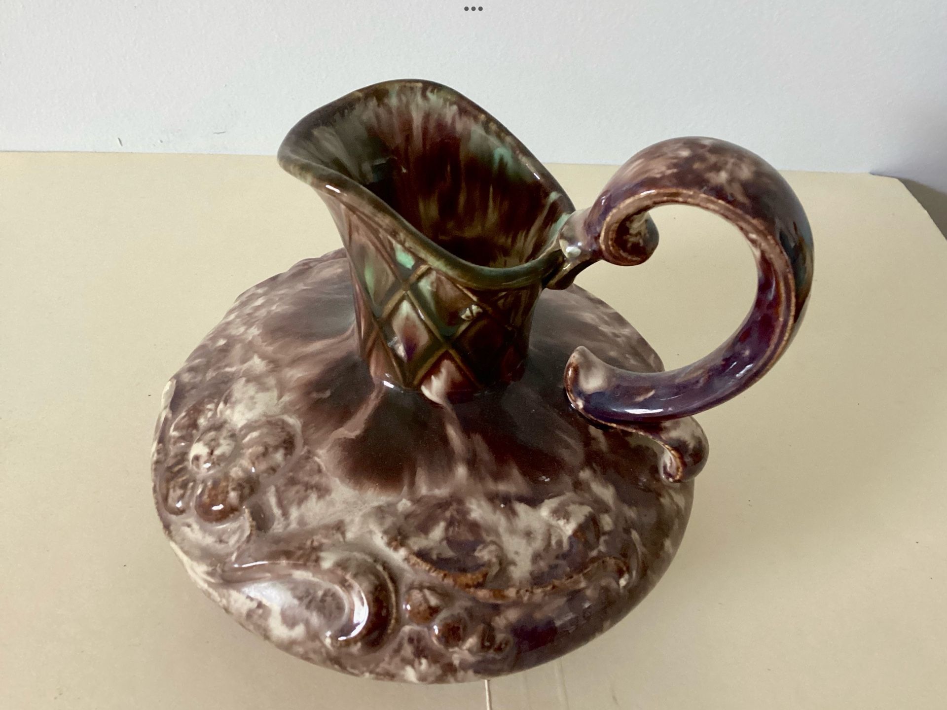 Vtg. MCM German Art pottery #545 Drip Glaze Base Pitcher Brown Green Mingling 5.5” Tall