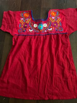Red Mexican Embroidered Floral Blouse size S/M