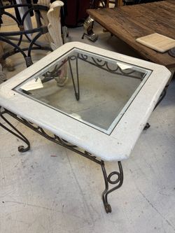 Stone and Glass Top Wrought Iron Coffee Table