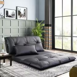 Sofa Bed Black PU Adjustable Folding Futon with 2-Pillows