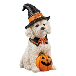 Halloween Dog Figurine with Witch Hat and Pumpkin