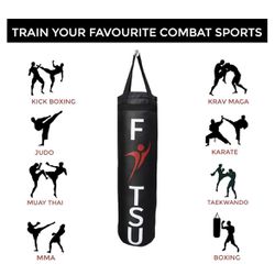 FITSU Heavy Hanging Kick Boxing Punching Bag, PU Leather - Unfilled Black 6ft