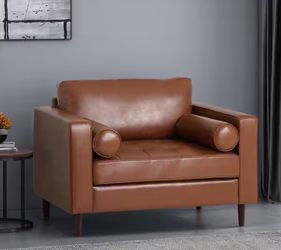 Harper & Bright Designs Light Brown Faux Leather Armchair Club Chair with 2 Arm Pillows and Solid Birch Wood Legs