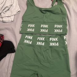 PINK  sports bra and shorts