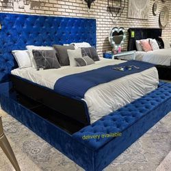 Brand New/ Blue Velvet Storage Platform Bed Frame Cama// King Size Available// Mattress Sold Separately 