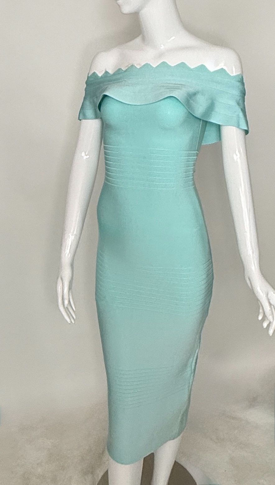 Teal Off-Shoulder Bandage Dress – Midi Bodycon – 44” Length