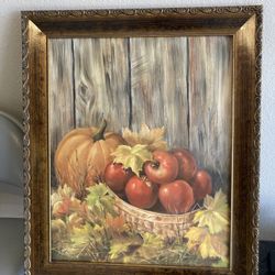 Framed autumn-themed still life art painting, pumpkins and apples, signed by the Artist