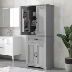 Bathroom Storage Cabinet with Adjustable Shelf, 72" Tall Storage Cabinet with Doors and Drawer, Multi-Functional Wood Floor Storage Cabinet for Bathro