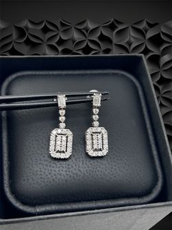 14K White Gold Lab-Grown Baguette & Round Diamond Rectangle Drop Halo Earrings