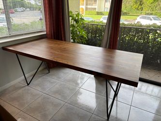 CB2 Dylan Acacia Dining Table + 6 Crate & Barrel Lowe Leather Chairs