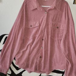 Camisas de pana con botones para mujer, estilo casual, manga larga (color rosa, talla: XXL)
