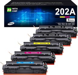 New 5-pack of DMGE 202A toner cartridges with chips. This set includes two black CF500A cartridges, one cyan CF501A, one yellow CF502A, and one magent