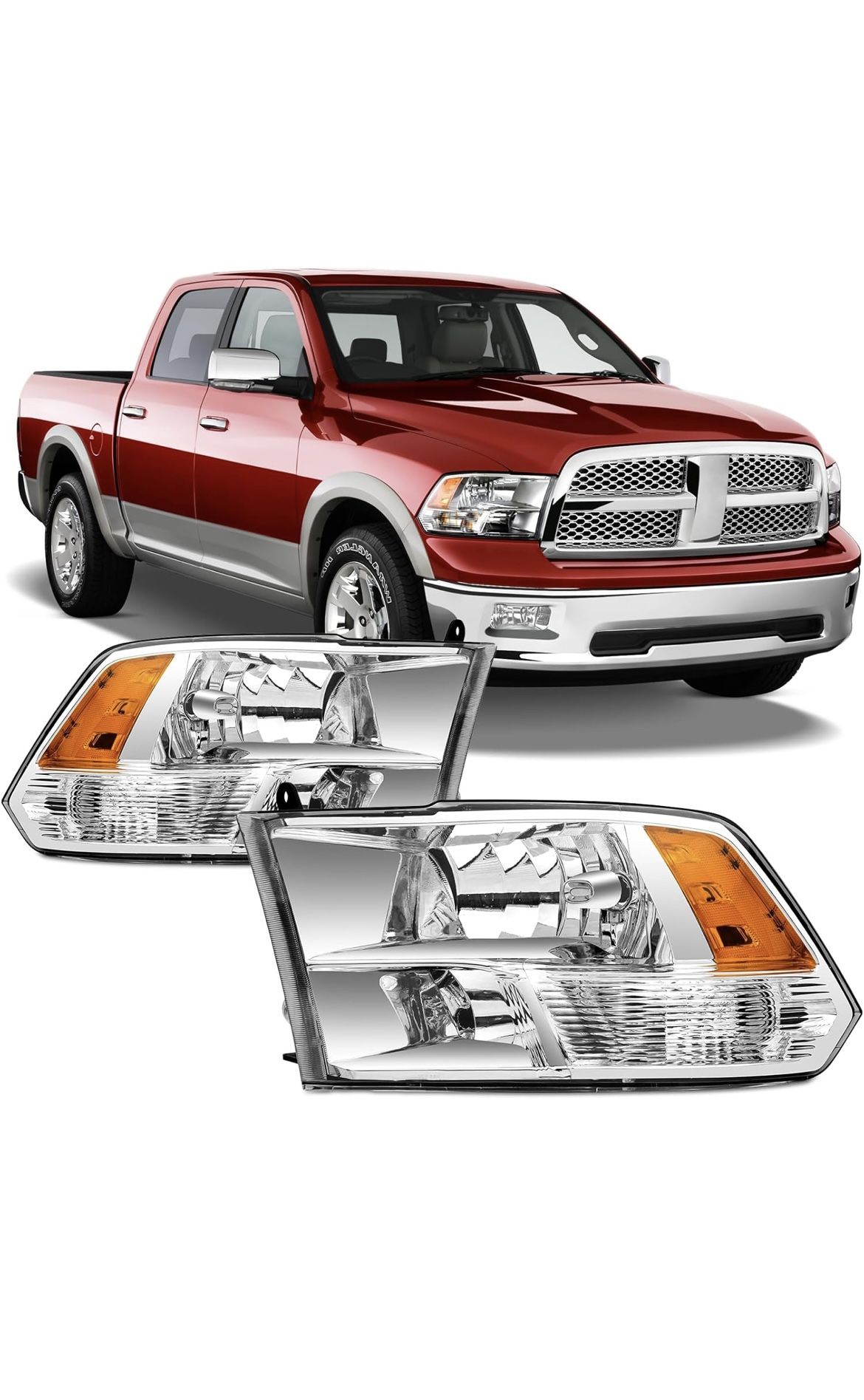 Headlights Assembly For 2009–2018 Dodge Ram 1500, 2500, 3500 W/Halogen Quad Headlamp,Clear Lens & Chrome Housing-one Pair pack
