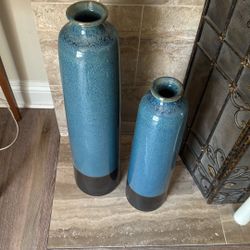2 Large Blue And Black Pottery Vases