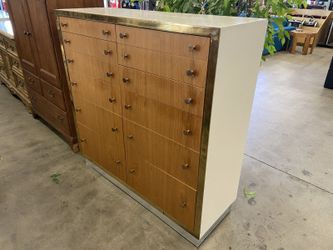 Vintage Mid-Century Modern Unique 12 Drawer Dresser with Walnut Drawers, Brass Trim and Mirrored Base