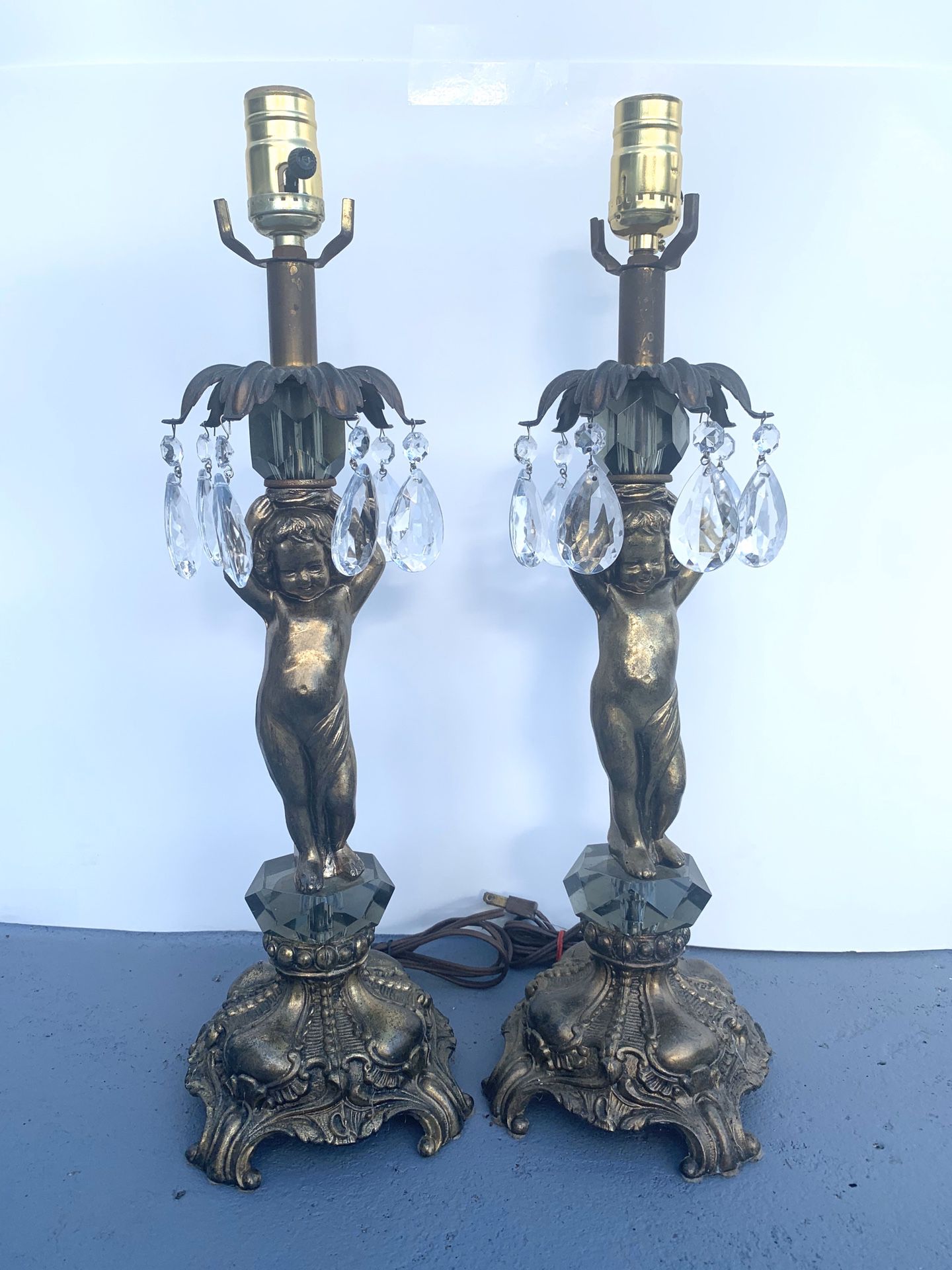 Antique Metal/Crystal-Prisms Ornate Cherubs Table Lamp Set (Height: 19-1/2”)