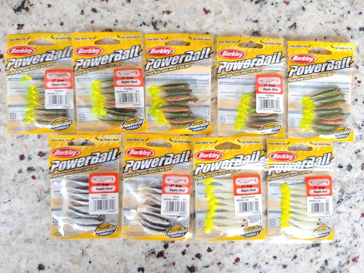 9 Packs Berkley PowerBait Ripple Shad Fishing Soft Bait -2 Inch 8 Count Packs - Fishing Lures