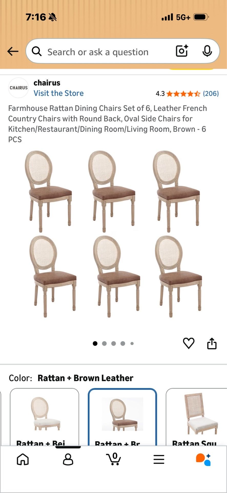 Farmhouse Rattan Dining Chairs Set of 6, Leather French Country Chairs with Round Back, Oval Side Chairs for Kitchen/Restaurant/Dining Room/Living Roo