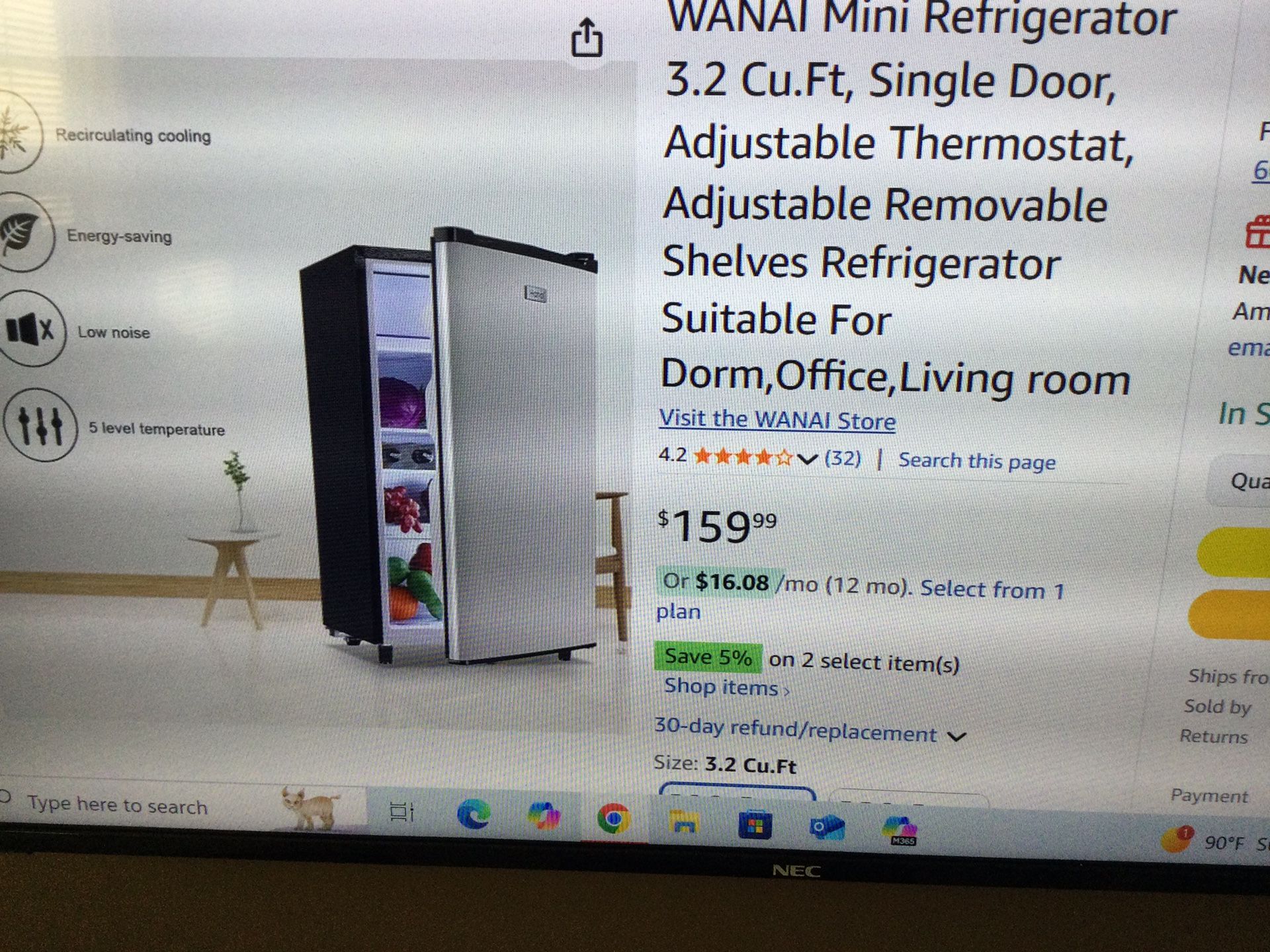 MINI REFRIGERATOR 3.2 CU. FT, SINGLE DOOR ADJUSTABLE THERMOSTAT, ADJUSTABLE REMOVABLE SHELVES AND LOWER BIN