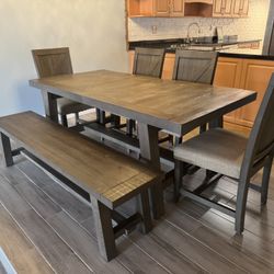 Wood Dining Table With Four Chairs & Bench