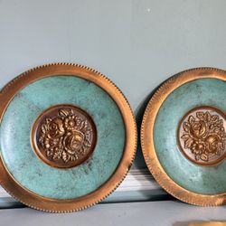 Pair of Copper Wall Plates – Floral Repoussé – Verdigris Patina