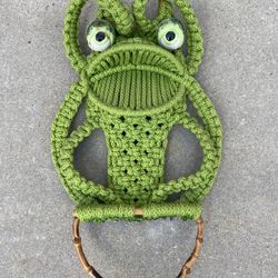 Vintage 70s Macrame Frog Towel Holder Wall Hanging 