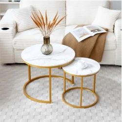 Nesting Coffee Table Set of 2, Round Coffee Table w/Marble Pattern Top, Modern Living Room Table with Sturdy Metal Frame, Industrial End Table Side Ta