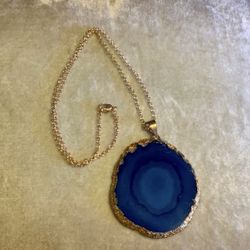 Large Blue, Sliced Agate Pendant With A Brass Gold Plated Chain Necklace