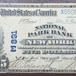 1902 National Park Bank of New York $5 Blue Seal Banknote